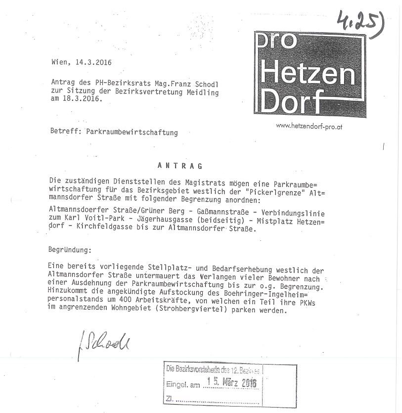 Pro Hetzendorf - Antrag Parkraumbewirtschaftung - Sitzung Bezirksvertretung Meidling 18.03.2016